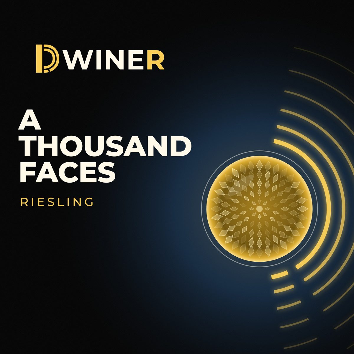 Cover von A Thousand Faces. Ein goldenes Glas von oben, mit goldenen Schallwellen. Riesling.