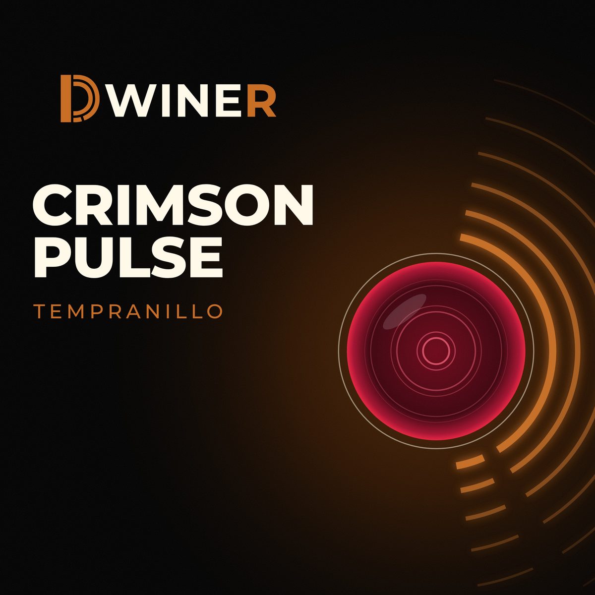 Cover von Crimson Pulse. Ein karminrotes Glas von oben, mit warmen Schallwellen. Tempranillo.