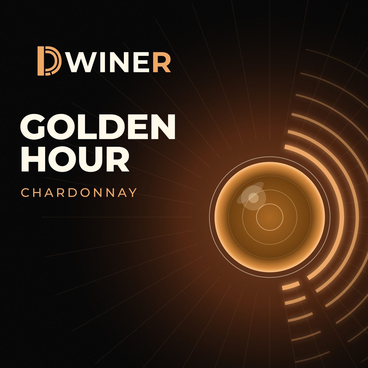 Cover von Golden Hour. Ein bernsteinfarbenes Glas von oben, mit warmen Schallwellen. Chardonnay.