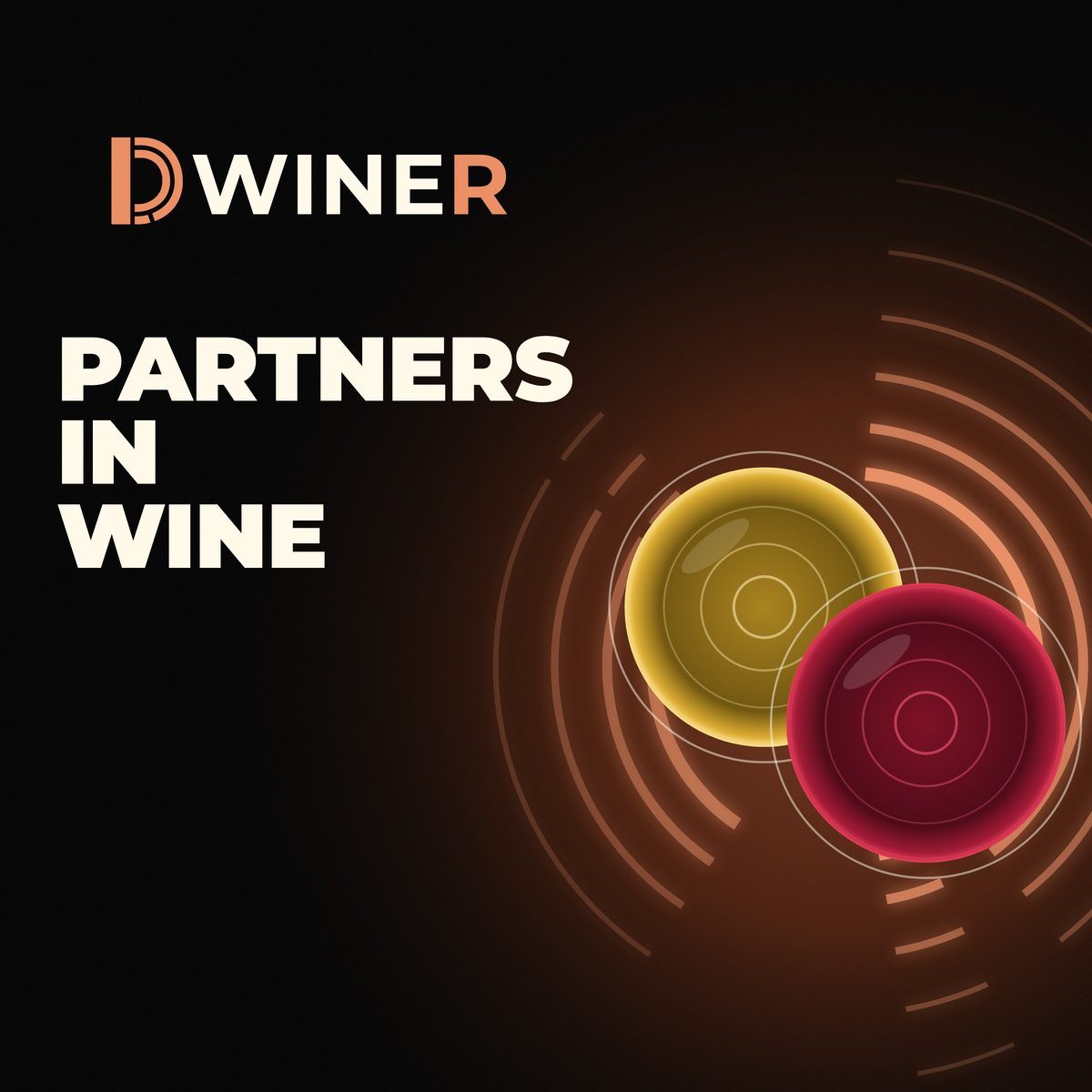 Cover von Partners in Wine. Zwei Gläser, eines gold, eines rot, mit kupferfarbenen Schallwellen.